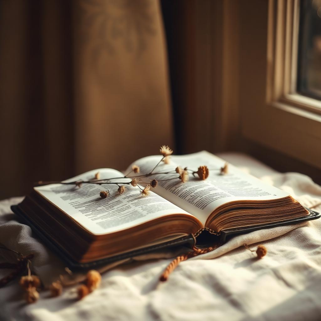 An open Bible resting in soft morning light